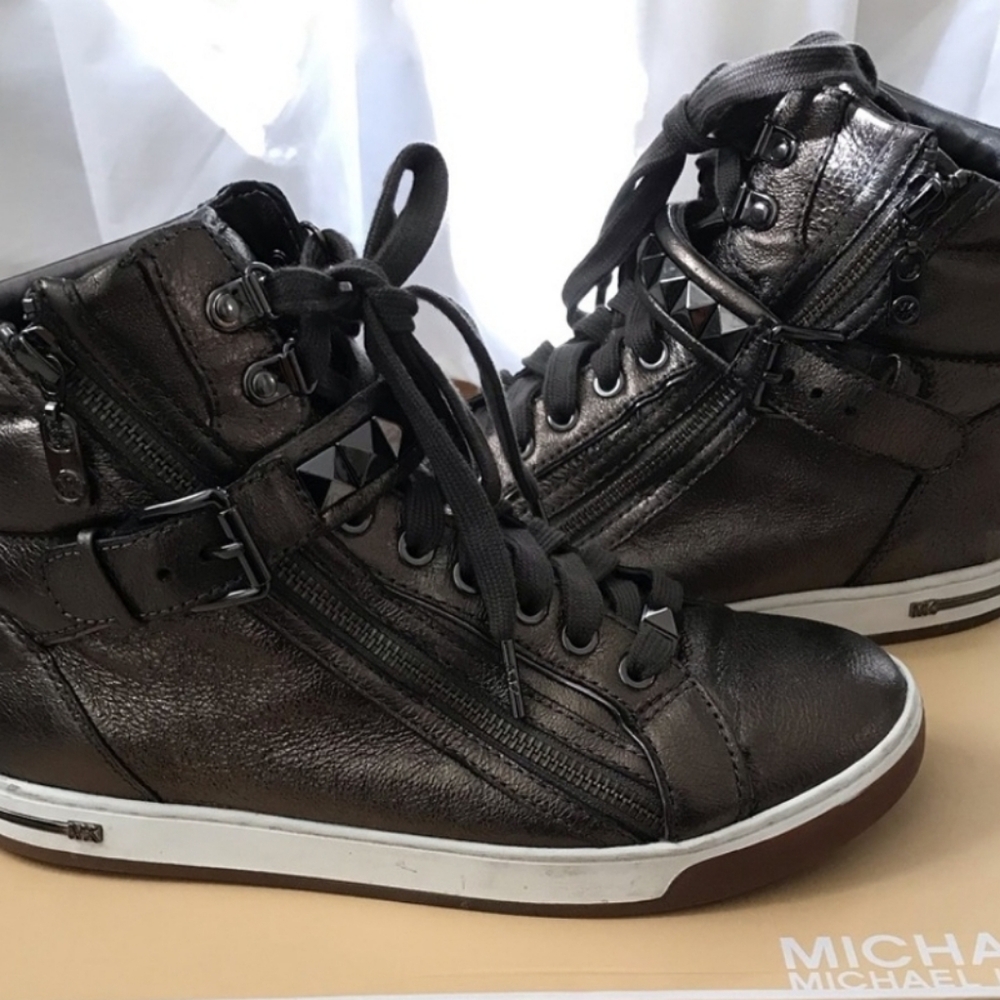 Michael Kors Glam Studded Metallic Leather High-Top Sneaker - Gunmetal